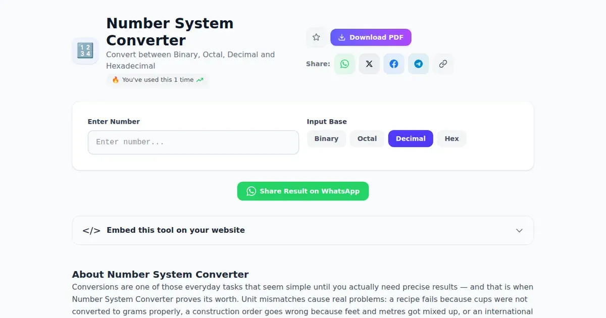 Number System Converter — Free Online Convert between Binary, Octal, Decimal and Hexadecimal Tool on SabTools.in